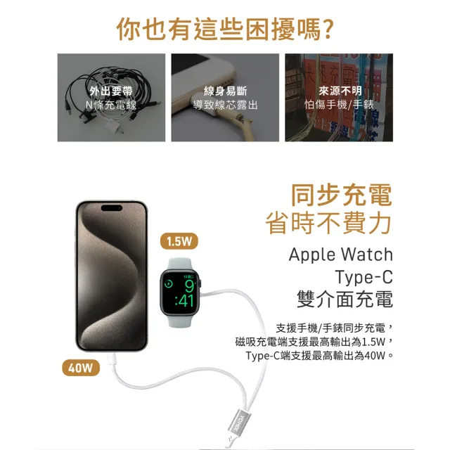 【YOMIX 優迷】二合一Type-C to Apple Watch/Type-C充電傳輸線(Apple Watch無線充電器/支援iphone15快充)