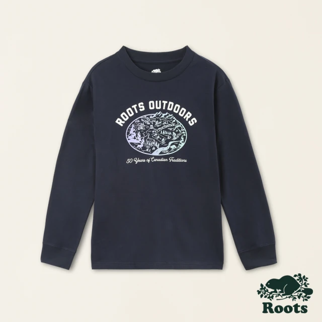 【Roots】Roots大童-經典小木屋系列 夜光彩繪長袖T恤(軍藍色)