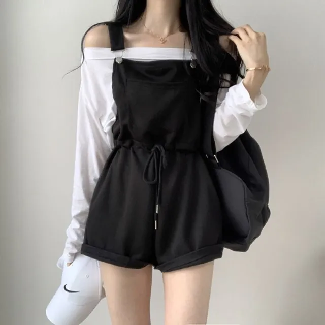 【D.studio】韓版休閒百搭收腰寬鬆背帶短褲(長袖上衣 女裝 衣服 寬鬆上衣 冬裝 長袖t恤 素T S140)