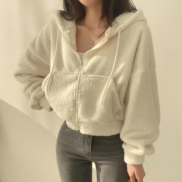 【D.studio】韓版顯瘦加厚保暖短版連帽外套(毛毛外套 上衣 女裝 衣服 外套 長袖上衣 毛衣 J180)