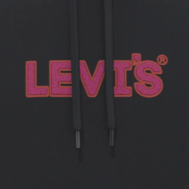 【LEVIS 官方旗艦】男 寬鬆版重磅口袋帽T/高密度膠印粉紅Logo/400GSM厚棉 魚子黑 熱賣單品 38479-0250(52)