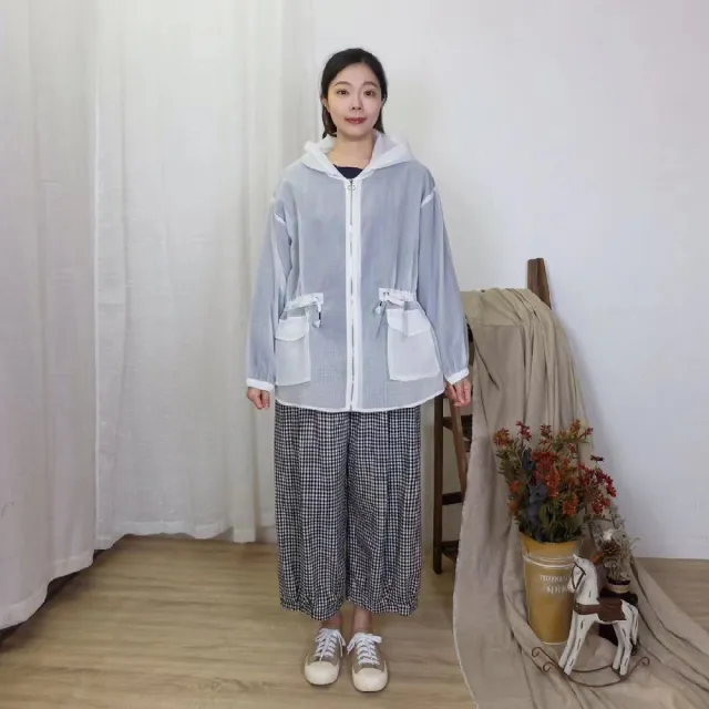 【Hana Mokuba】花木馬日系女裝前短後長半透紗網綁帶收腰寬鬆連帽外套(外套)