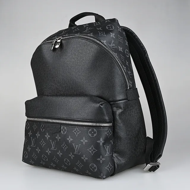 【Louis Vuitton 路易威登】M30230 Discovery PM字母LOGO牛皮拼接老花塗層帆布拉鍊後背包(黑x炭黑)
