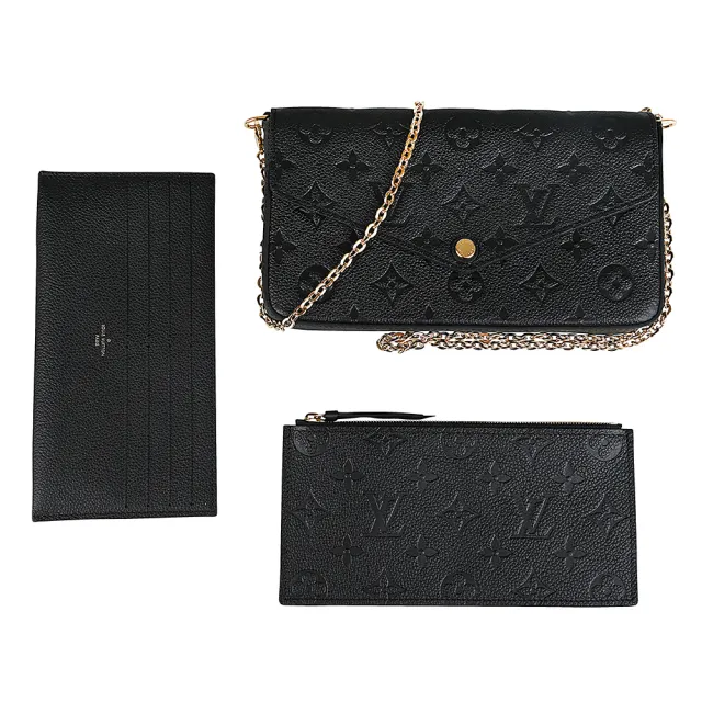 【Louis Vuitton 路易威登】M64064 FELICIE POCHETTE老花壓紋LOGO牛皮釦式鏈帶斜背包(黑)『entrupy安心購』
