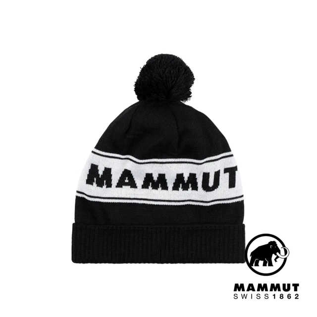 【Mammut 長毛象】Peaks Beanie 保暖針織LOGO毛球羊毛帽 黑/白 #1191-01100