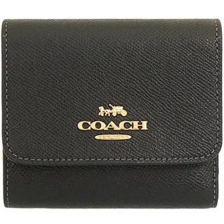 【COACH】黑色三折式防刮皮革零錢袋短夾