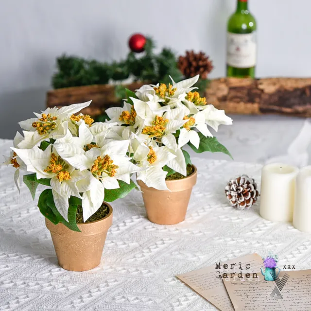 【Meric Garden】高仿真台灣手工限定雪白聖誕紅小盆栽(2入一組)