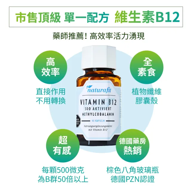 【德國 Natural Fit 活粒適】活性維生素B12膠囊 三入組 90粒/入(素食 單方500微克B12 神經系統健康)