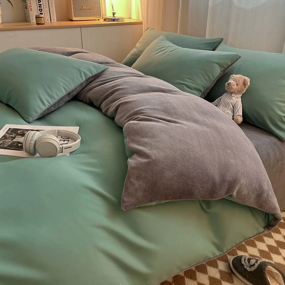 素色絨雙人床包枕套3件組無被套(豆沙+灰色)