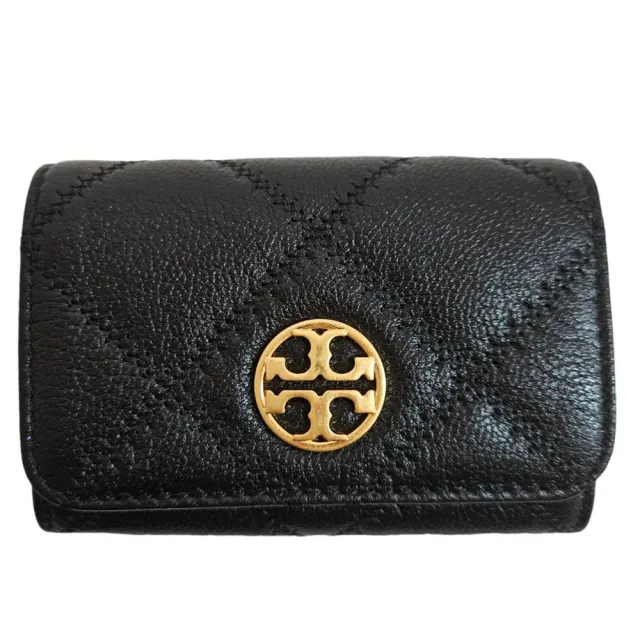 【TORY BURCH】TORY BURCH Willa 菱格紋皮革翻蓋卡片零錢包 兩色可選 磨砂黑／金色logo 贈原廠禮袋