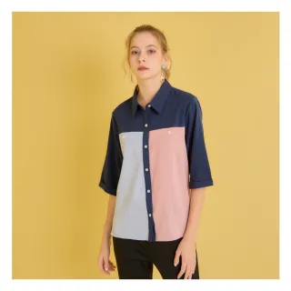 【YUTZUYA 優姿雅】時尚拚色休閒五分寬袖襯衫/上衣-知性藍(雙色拼接/反褶袖/前短後長剪裁)