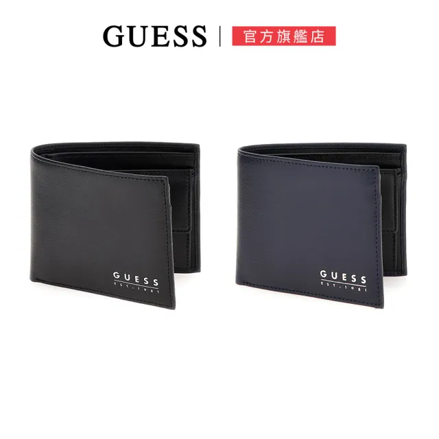 【GUESS】金屬LOGO素面皮革短夾(兩色可選)