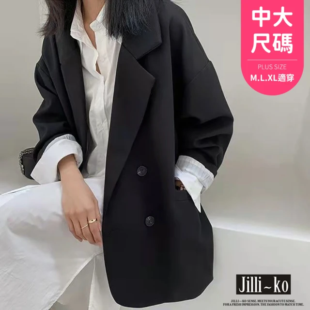 JILLI-KO 韓版寬鬆中長款雙排扣翻領西裝外套中大尺碼-F(黑/咖)