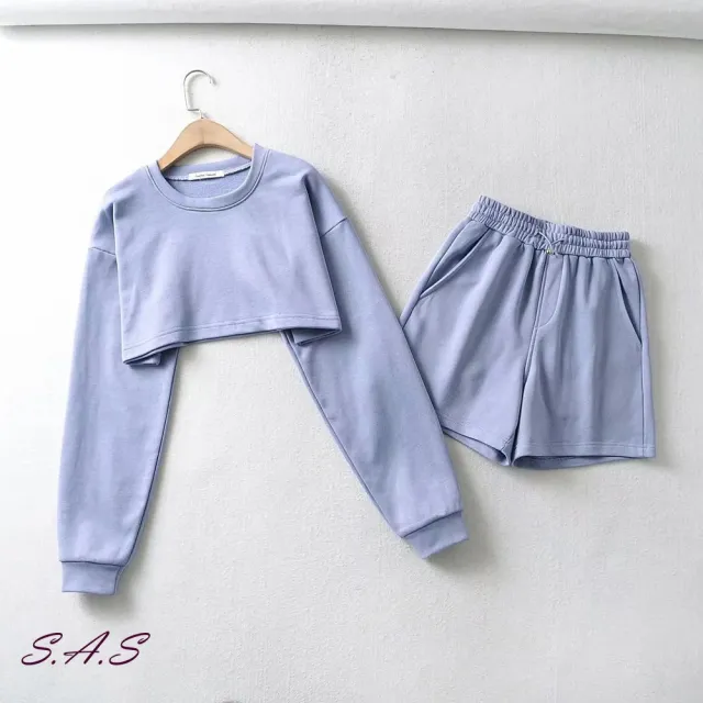 【SAS】韓版休閒寬鬆長袖短版兩件式套裝(5色可選 休閒套裝 短版套裝 兩件式套裝 1982F)