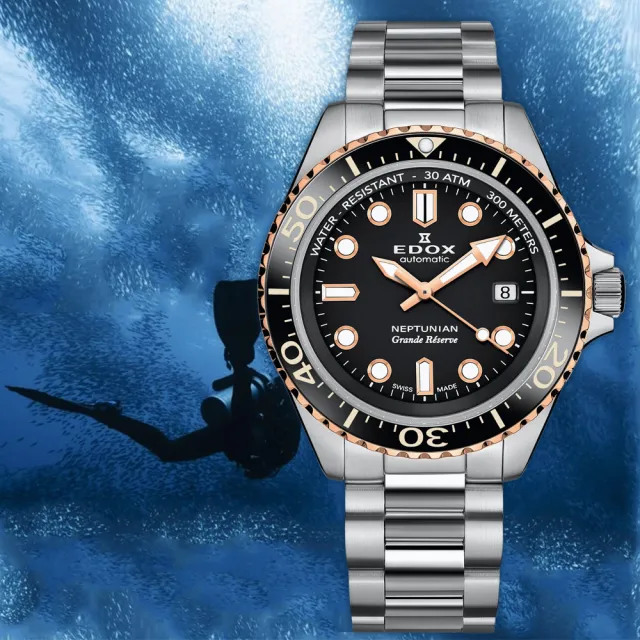 EDOX 伊度】Neptunian 海神68H超動能300米潛水機械錶-黑x玫瑰金/42mm