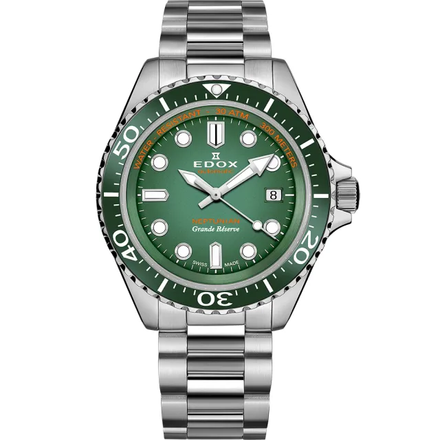 【EDOX 伊度】Neptunian 海神 68H超動能300米潛水機械錶-綠/42mm 99狂買節(E80801.3VM.VDN)