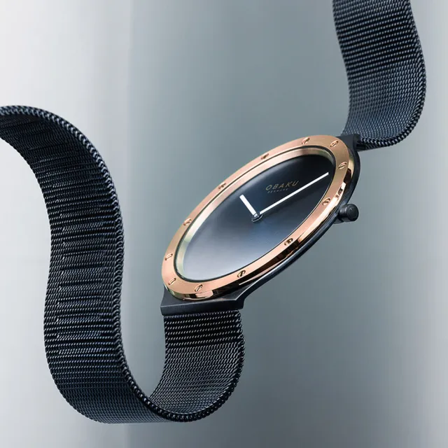 【OBAKU】簡單生活米蘭時尚腕錶-藍X玫瑰金(V285GXSLML)