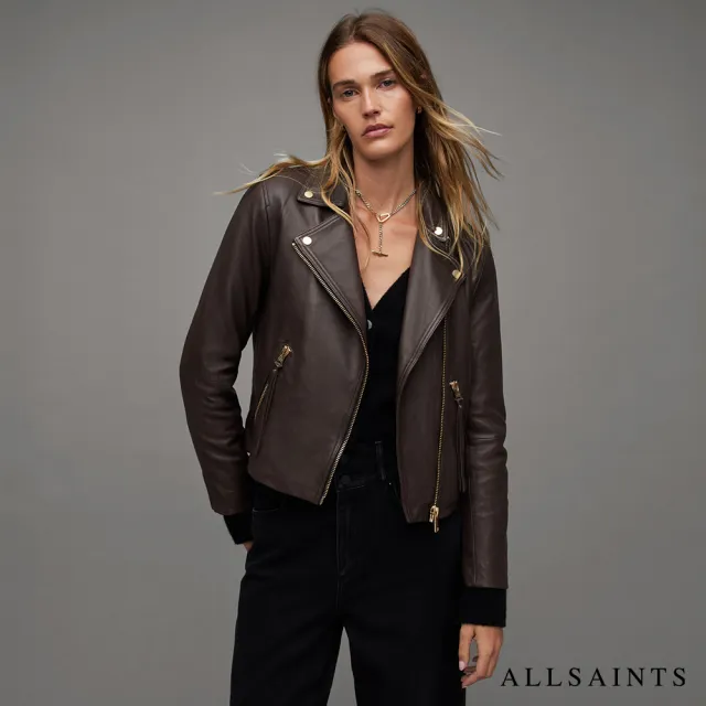 【ALLSAINTS】DALBY 經典簡約雙口袋不對稱皮革騎士皮衣外套-棕 WL065Z(修身版型)