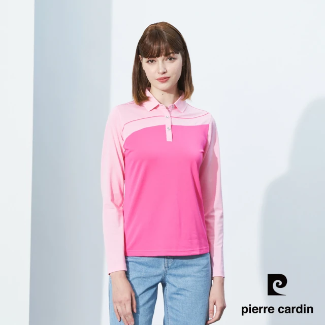 pierre cardin 皮爾卡登 輕運動 女款 吸濕排汗胸前印花長袖polo衫-粉色(4225202-75)