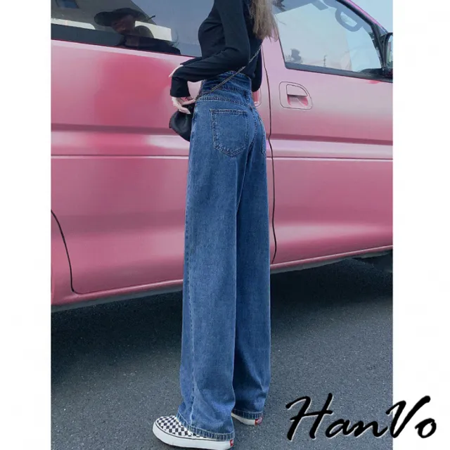 【HanVo】現貨 雙扣高腰直筒牛仔褲長褲(硬挺有型寬鬆顯瘦長褲 女生長褲 A04-2612)