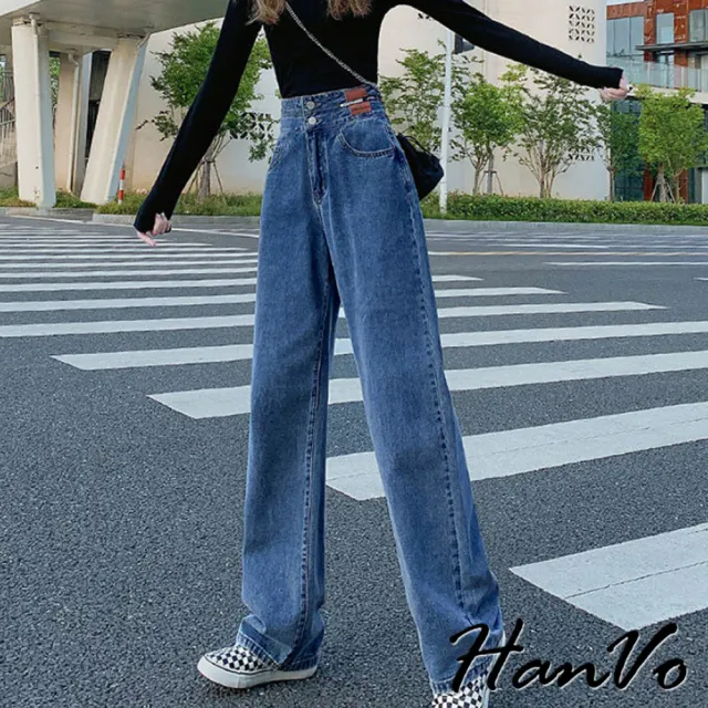 【HanVo】現貨 雙扣高腰直筒牛仔褲長褲(硬挺有型寬鬆顯瘦長褲 女生長褲 A04-2612)
