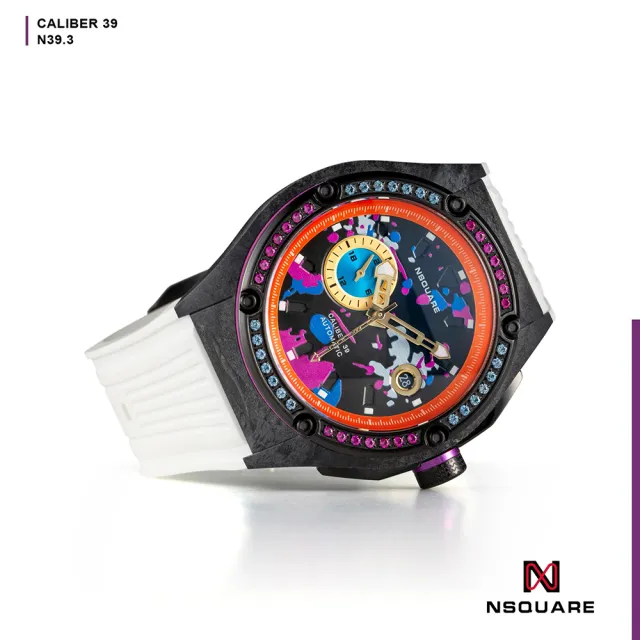 【NSQUARE】MultiColored 多彩多姿 系列 愛時  碳纖維 藍寶石玻璃 自動機械錶(躍動白 G0543-N39.3)