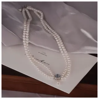 【Jpqueen】法式輕奢珍珠鎖骨鏈雙層人魚眼淚海藍項鍊(白色)