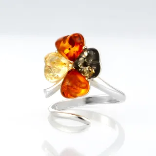 【Woogie武吉珠寶】天然琥珀蜜蠟爆發多寶花珀戒指(幸運草款)