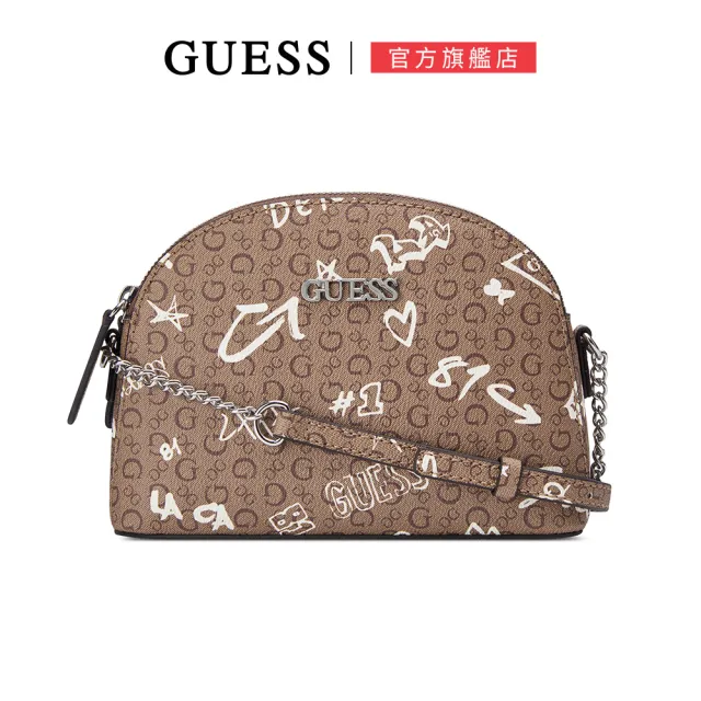 【GUESS】個性塗鴉跳色雙層拉鍊肩背包(咖啡)