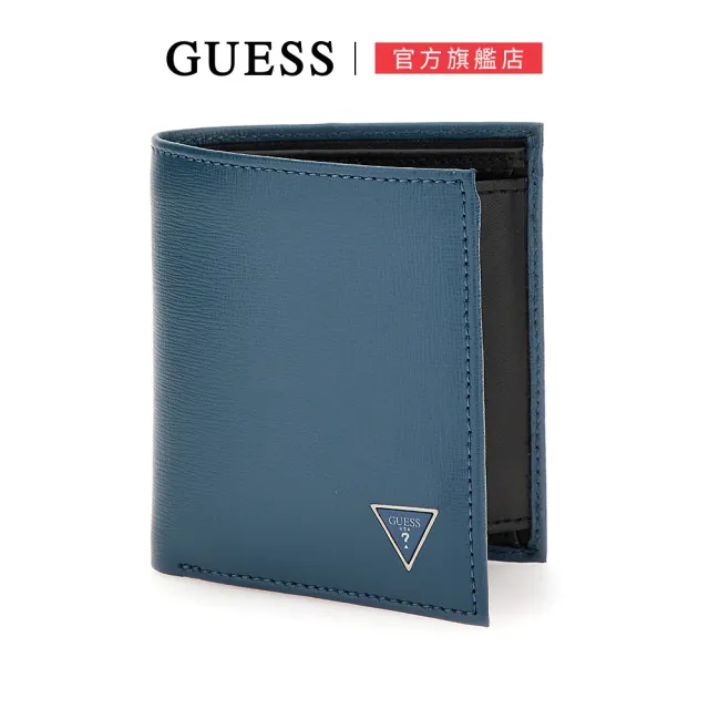 【GUESS】防刮十字紋三角LOGO短夾(藍)