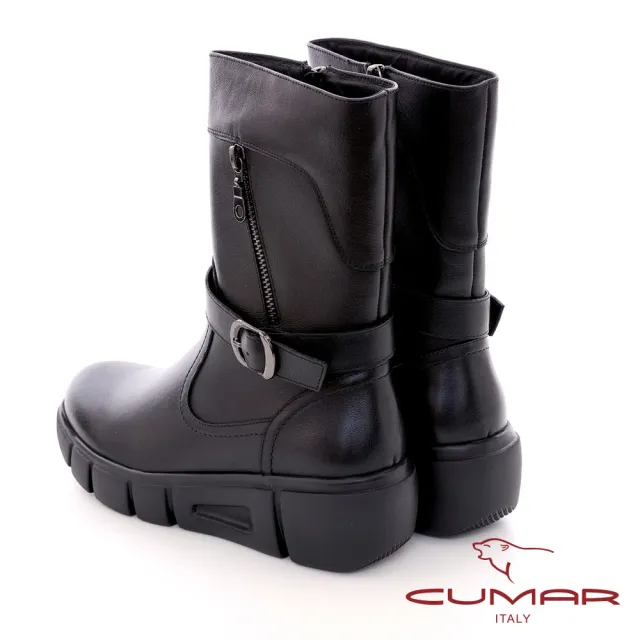 【CUMAR】拉鍊裝飾厚底真皮短靴(黑色)
