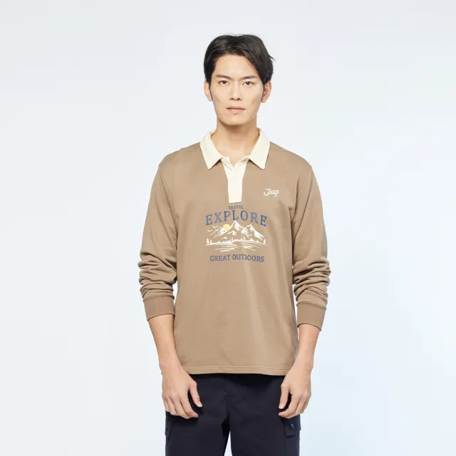【JEEP】男裝 山岳圖騰印花長袖POLO衫(咖啡色)