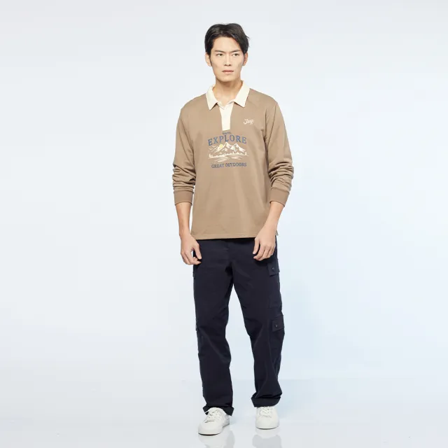 【JEEP】男裝 山岳圖騰印花長袖POLO衫(咖啡色)