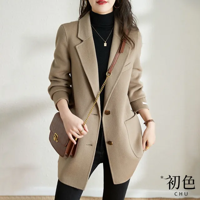 【初色】赫本風束腰大翻領中長版西裝毛呢大衣外套-共3色-64916(M-2XL可選)