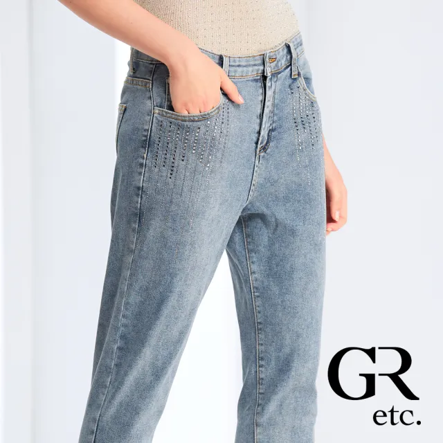 【GLORY21】品牌魅力款-etc.彈力修身水鑽抽鬚直筒丹寧褲(藍色)