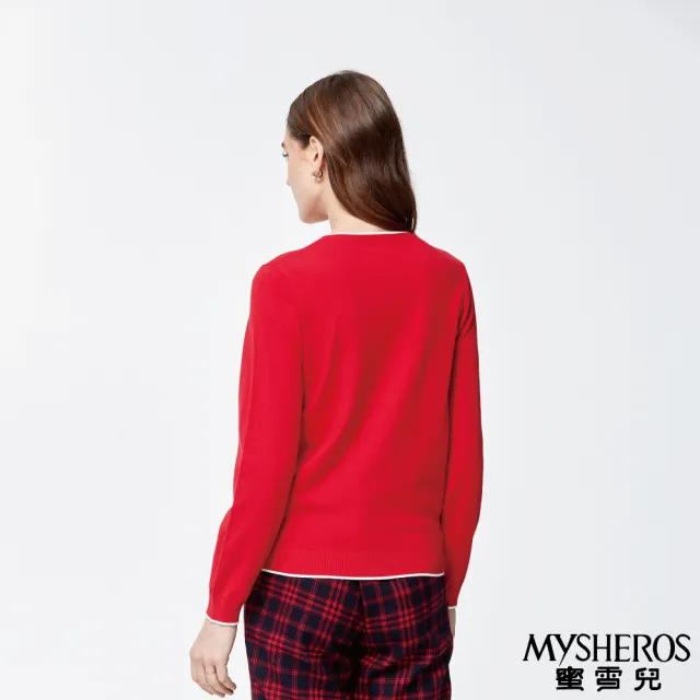 【MYSHEROS 蜜雪兒】針織上衣 圓領白包邊 品牌繡字前口袋(紅)