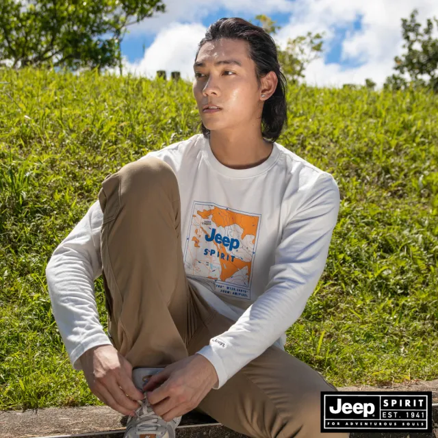 【JEEP】男裝 地圖印花休閒長袖T恤(白色)