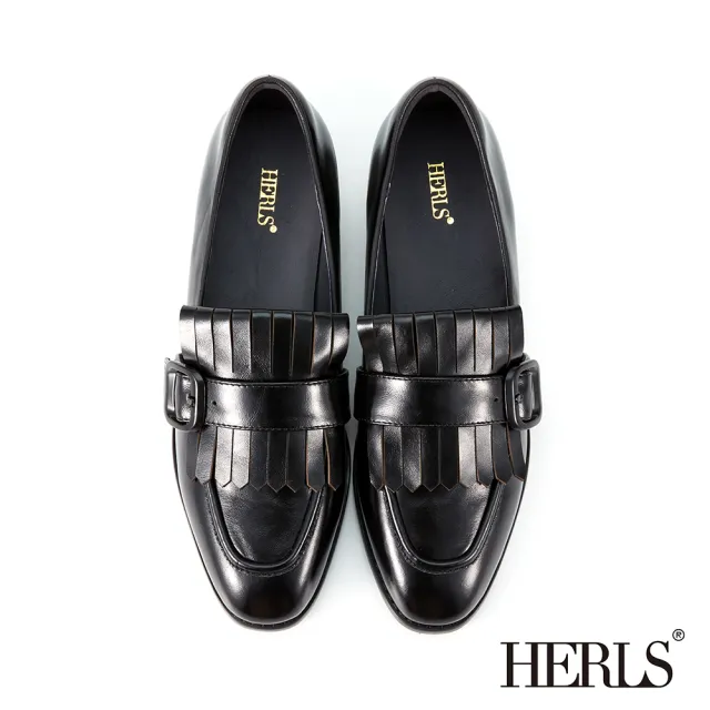 【HERLS】樂福鞋-全真皮流蘇釦環造型小方頭低跟樂福鞋(黑色)