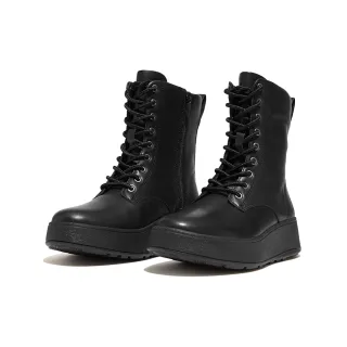 【FitFlop】F-MODE皮革繫帶厚底短靴-女(靚黑色)