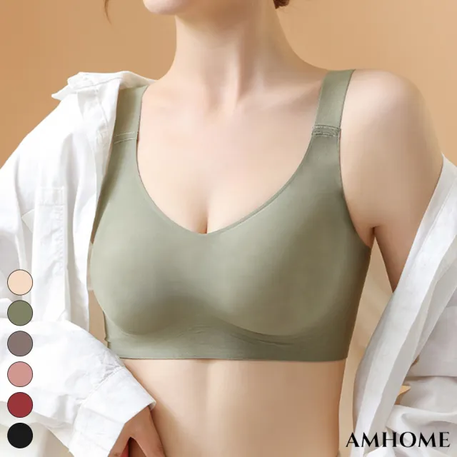 【Amhome】乳膠3D果凍軟支撐聚攏內衣女無痕一片式無鋼圈調整型運動薄款胸罩#119066(黑/酒紅/膚/綠/紫/咖)