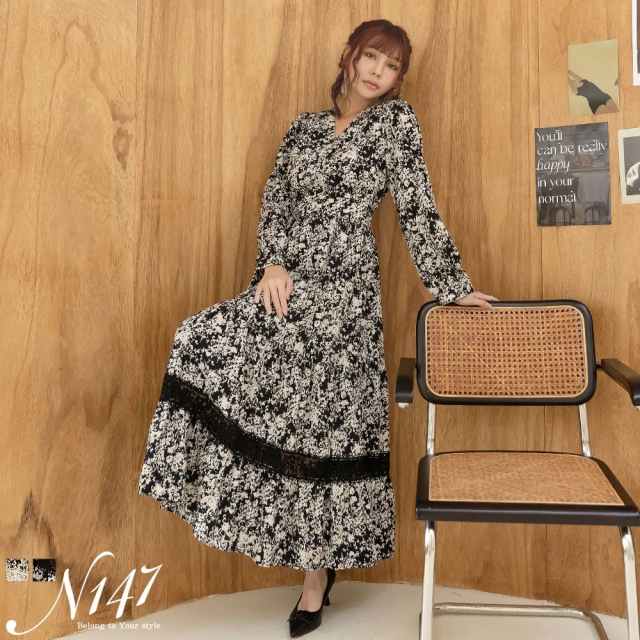 N147 滿版撞色花彩拼接蕾絲雪紡長洋裝《P436》(韓國女