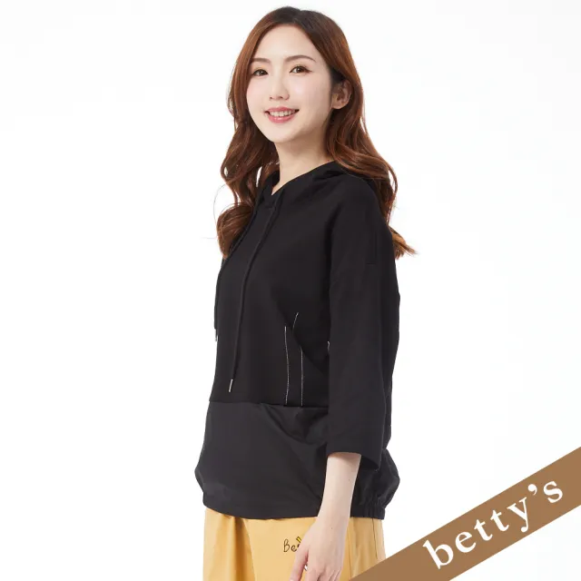 【betty’s 貝蒂思】下擺抽皺拼接七分袖連帽T-shirt(黑色)