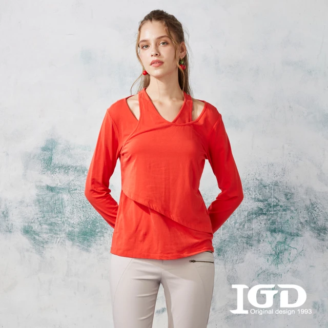 IGD 英格麗 網路獨賣款-交疊層次造型領上衣(紅色)優惠推