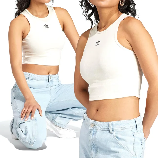 【adidas 愛迪達】Rib Tank 女款 米色 休閒 穿搭 造型 短版 圓領 羅紋 背心 IJ8257