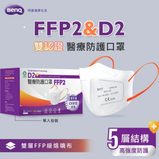 【BenQHealth 明基健康生活】怡安D2 FFP2 醫療防護立體口罩 2盒組(20入/盒 單片包裝)