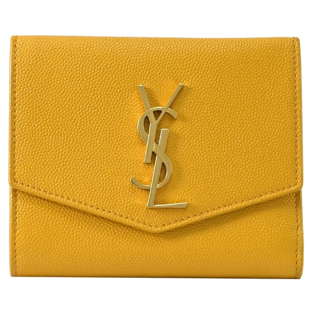 YSL 品牌金屬YSL字母LOGO粒面牛皮雙面零錢短夾(黃)