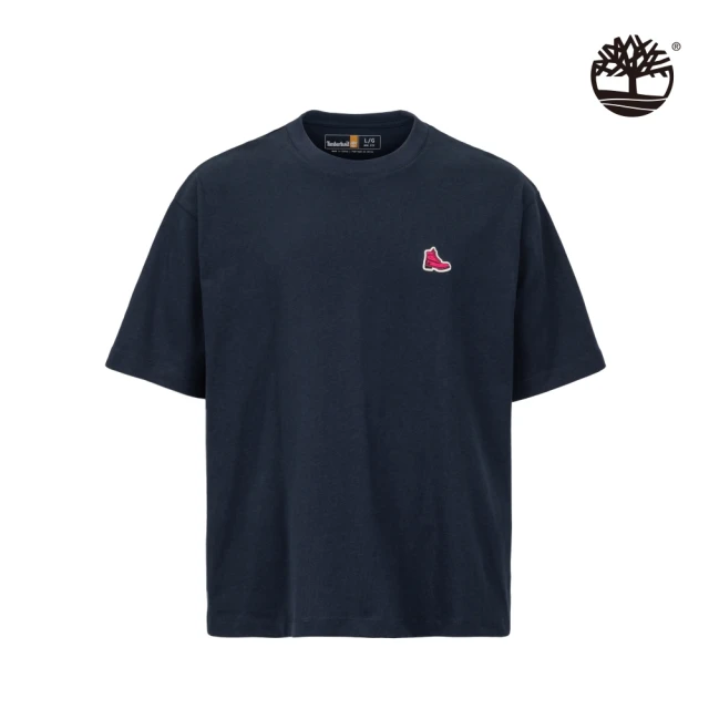 【Timberland】中性款深藍色刺繡徽標厚磅短袖T恤(A5Z5U433)