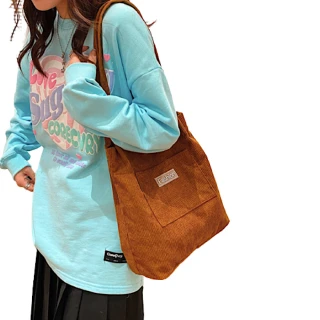 【89 zone】日系布藝復古燈芯絨學院風 女包 購物袋 單肩包 手提包 托特包 帆布包(白/綠/黑/棕)