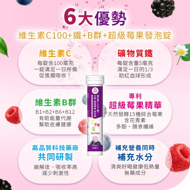 【MIHONG 米鴻生醫】維生素C100+鐵+B群+超級莓果發泡錠 x1支(20錠/支)
