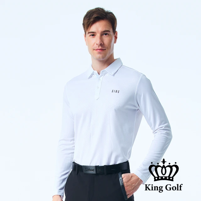 KING GOLF 男款薄款菱格線條印圖長袖POLO衫/高爾夫球衫(白色)